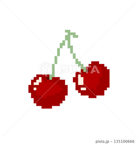 Pixel Art Double Cherry Cute 8-Bit Fruit Illustration for Summer, Game or Kawaii Design 135100666