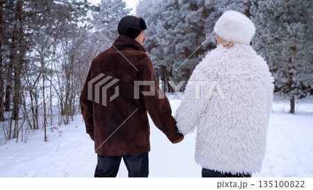 Couple In Snow, Pair Holding Hands In Icy Forest Sunset, Romantic Duo Strolling Through Snowy Woodland At Dusk, Two People Sharing Quiet Moments In Frozen Forest During Evening Hours 135100822