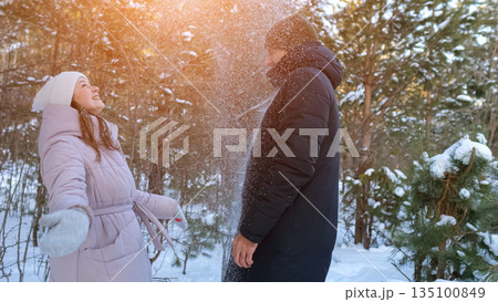 Surprised Woman Shares Warm Connection Outdoors, Excited Woman Responds To Partner Amidst Winter Woodland Scenery, Woman Expresses Happiness As She Notices Partner During Scenic Snowy Forest Walk Surprised Woman Shares Warm Connection Outdoors, Excited Woman Responds To Partner Amidst Winter Woodland Scenery, Woman Expresses Happiness As She Notices Partner During Scenic Snowy Forest Walk 135100849