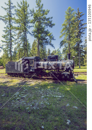 Old steam locomotive standing on tracks in Pribylina 135100946