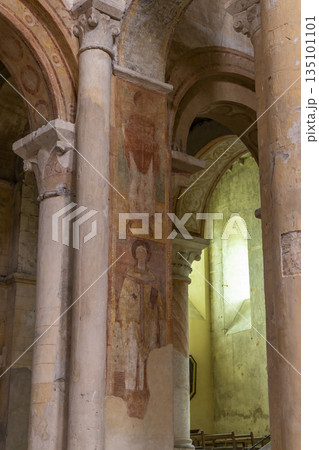Ancient frescoes depicting religious figures in Eglise Saint Hilaire le Grand interior 135101101