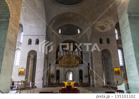 Cathedrale Saint Front interior with organ and grand chandelier in Perigueux 135101102