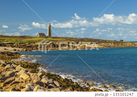 Gatteville Lighthouse standing on rocky Normandy coastline 135101247