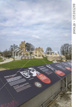 Saint Aubin du Cormier castle ruins and information panel 135101249