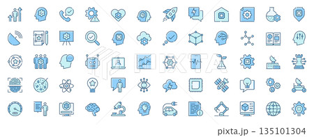 Innovation technology web icons set in line design. Duotone pictogram pack of startup, artificial intelligence, creativity process, fingerprint scan, more outline stroke signs. Vector illustration. 135101304