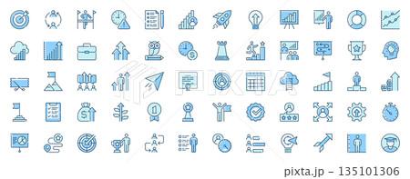 Growth development web icons set in line design. Duotone pictogram pack of target, leadership, communication, success, launch startup, brainstorming, more outline stroke signs. Vector illustration. 135101306