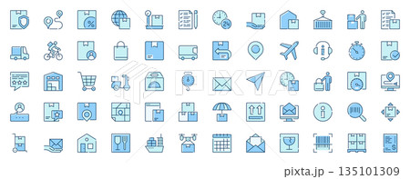 Delivery logistics web icons set in line design. Duotone pictogram pack of parcel protect, route, distribution, global shipping, warehouse, courier, more outline stroke signs. Vector illustration. Delivery logistics web icons set in line design. Duotone pictogram pack of parcel protect, route, distribution, global shipping, warehouse, courier, more outline stroke signs. Vector illustration. 135101309
