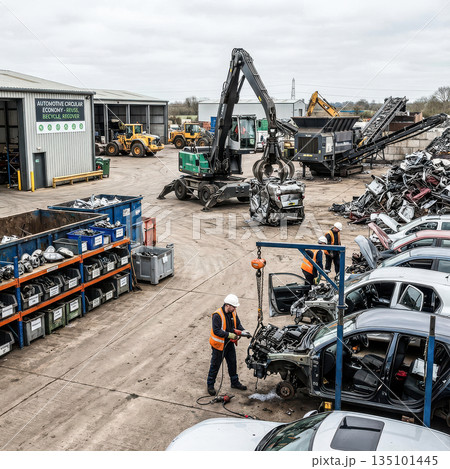A busy vehicle recycling facility showing the complete process of the automotive circular economy. Workers dismantle cars for parts while heavy machinery processes scrap metal. High quality photo A busy vehicle recycling facility showing the complete process of the automotive circular economy. Workers dismantle cars for parts while heavy machinery processes scrap metal. High quality photo 135101445