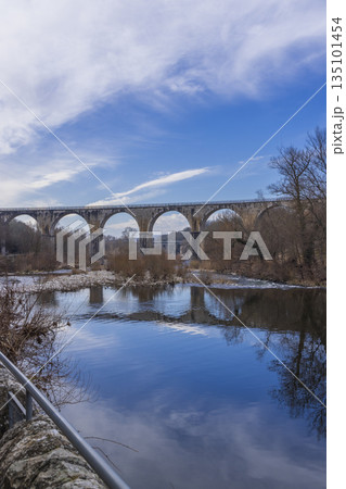 Ardeche viaduc spanning river in Vogue, France 135101454