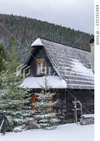 Cicmany painted wooden house in winter forest 135101484