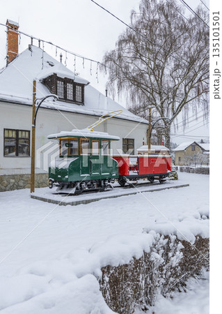 Lubochna forest railway train display in winter snow Lubochna forest railway train display in winter snow 135101501