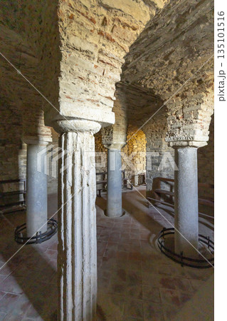 Crypt interior with stone pillars in Farneta, Tuscany, Italy 135101516