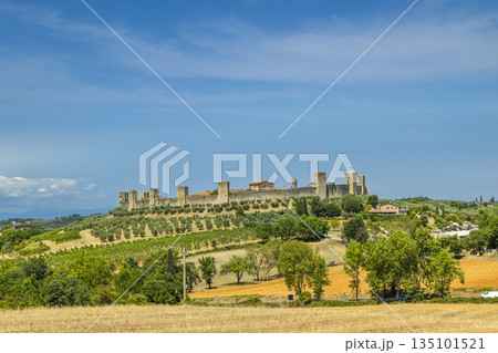 Monteriggioni medieval walled town standing in Tuscany landscape Monteriggioni medieval walled town standing in Tuscany landscape 135101521