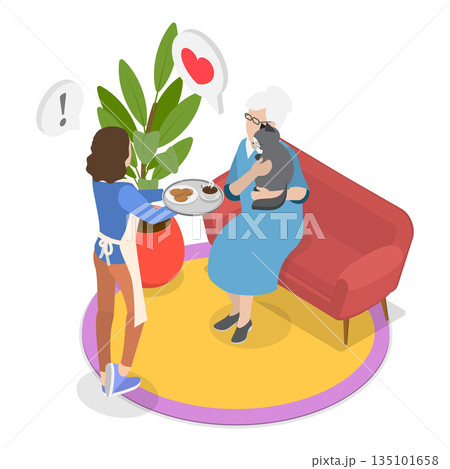 3D Isometric Flat Vector Illustration of Taking Care of Eldery and Kids, Scenes of Caregiver Services. Item 1 3D Isometric Flat Vector Illustration of Taking Care of Eldery and Kids, Scenes of Caregiver Services. Item 1 135101658