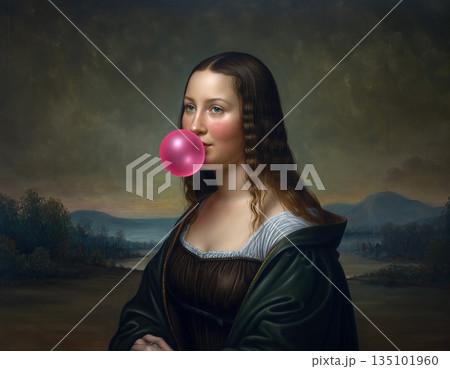 Renaissance style woman blowing bubble gum in classic landscape with hills and water in the background 135101960