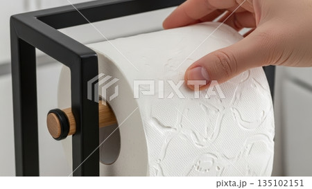 トイレットペーパーホルダーに新しいロールをセットする手元 135102151