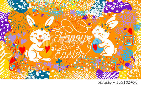 Easter bunnies on a card. Happy Easter. hand drawn. Not AI, Vector illustration 135102458