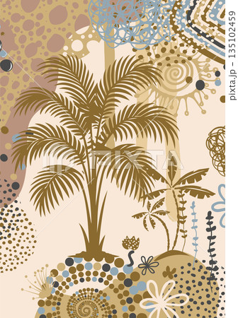 Boho Abstract botanical poster with a hand-drawn palm leaf, Abstract background banner on the wall in brown tones with palm leaves. Hand drawn. Not AI, vector illustration. 135102459