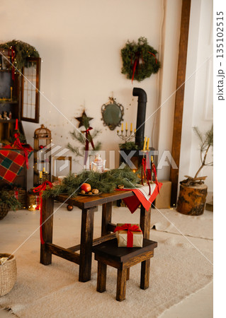 Cozy rustic Christmas interior decorating for holiday celebration 135102515