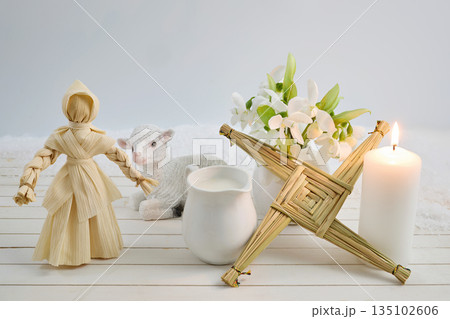 Brigid's cross, corn doll, lamb, and candle for imbolc 135102606