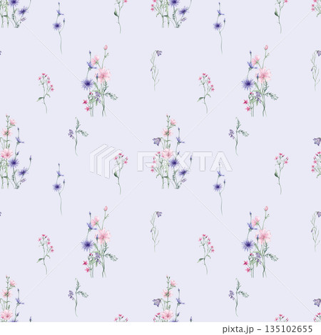 Watercolor seamless pattern with wildflowers on white background - illustration with pink blue purple buds and branches. Prints with Herbs, Marshmallow flowers, bluebell and chicory Watercolor seamless pattern with wildflowers on white background - illustration with pink blue purple buds and branches. Prints with Herbs, Marshmallow flowers, bluebell and chicory 135102655