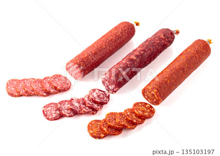 Smoked sausages isolated on white. Smoked sausages isolated on white. 135103197