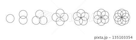 Intersecting circles set. Circle Venn diagram with four, five and six parts. Infographic chart line icon. 2,3,4 overlap balance elements diagram. Vector illustration isolated on white background 135103354