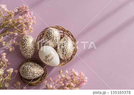 Pastel Easter Eggs with Gold Details and Flowers on Lavender Background Pastel Easter Eggs with Gold Details and Flowers on Lavender Background 135103378
