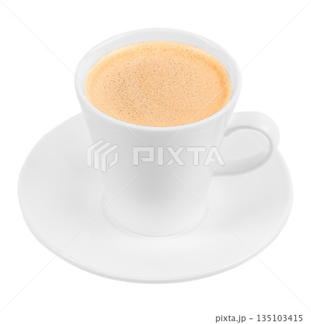 Hot creamy beverage in white cup and saucer isolated on white background Hot creamy beverage in white cup and saucer isolated on white background 135103415
