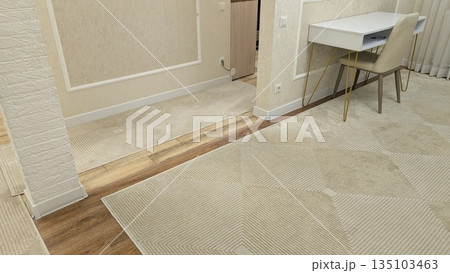 flooring transition between wood and carpet in modern apartment 135103463