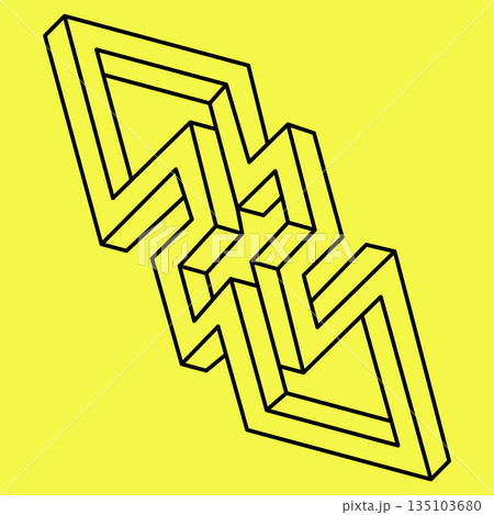 Impossible shape. Sacred geometry. Optical illusion figure. Op art. Impossible geometry object on a yellow background. 135103680