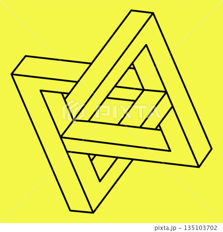 Impossible shape. Optical illusion. Linear infinite figure. Abstract eternal geometric object. Impossible endless outline. Impossible geometry symbol on a yellow background. 135103702
