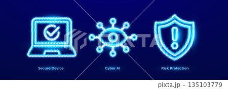 Secure Device Endpoint Protection Cyber AI Threat Detection Intelligent Security Neon Icon Logo Set. Risk Protection Security Alert Threat Warning Digital Pictograms for Business Transform. Vector Secure Device Endpoint Protection Cyber AI Threat Detection Intelligent Security Neon Icon Logo Set. Risk Protection Security Alert Threat Warning Digital Pictograms for Business Transform. Vector 135103779