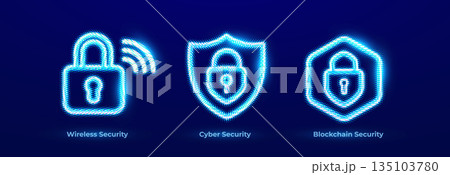 Wireless Security Network WiFi Protection Access Lock Icons Set. Cyber Security Digital Shield Data Protection Neon Logo. Blockchain Security Crypto Network Token Privacy Signs. Vector Illustration Wireless Security Network WiFi Protection Access Lock Icons Set. Cyber Security Digital Shield Data Protection Neon Logo. Blockchain Security Crypto Network Token Privacy Signs. Vector Illustration 135103780