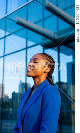African business woman relaxing outside modern office 135104435