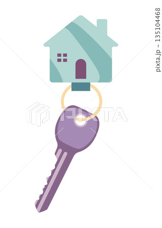 Door keys keyfob. Ring with trinket, keychains plastic tag hanging on keyring. House, apartment or room locking accessories. Cartoon flat vector isolated on white background Door keys keyfob. Ring with trinket, keychains plastic tag hanging on keyring. House, apartment or room locking accessories. Cartoon flat vector isolated on white background 135104468