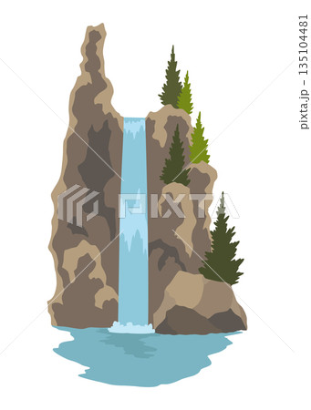 Cartoon river waterfall. Landscape with mountains and trees. Design element for travel brochure or illustration mobile game. Fresh natural water Cartoon river waterfall. Landscape with mountains and trees. Design element for travel brochure or illustration mobile game. Fresh natural water 135104481