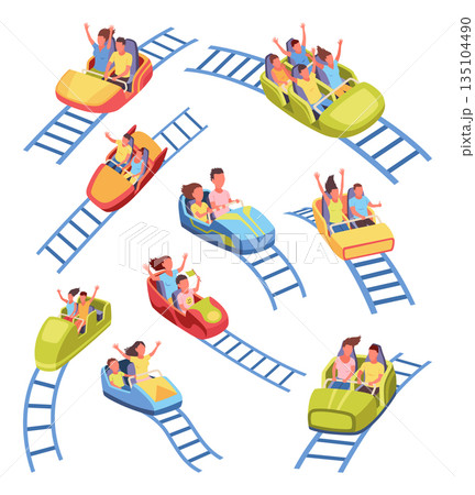Roller coaster happy people. Rollercoaster. Friends riding in amusement park have fun positive emotion, park attractions. Young people having fun and enjoyment, cartoon vector illustration Roller coaster happy people. Rollercoaster. Friends riding in amusement park have fun positive emotion, park attractions. Young people having fun and enjoyment, cartoon vector illustration 135104490