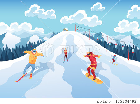 Mountain ski resort landscape. Winter web banner design. Sport on vacations or winter activity. Sports descent on skis in mountains hills. Vector cartoon illustration Mountain ski resort landscape. Winter web banner design. Sport on vacations or winter activity. Sports descent on skis in mountains hills. Vector cartoon illustration 135104492