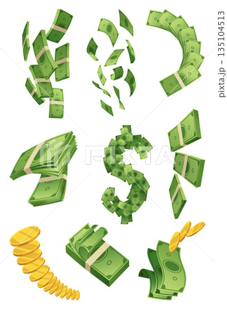 Cartoon money and coins icon set. Paper cash, bills fly. Keeping money in bank. Green banknotes wealth, accumulation and inheritance. Flat vector money illustration. Objects isolated on white Cartoon money and coins icon set. Paper cash, bills fly. Keeping money in bank. Green banknotes wealth, accumulation and inheritance. Flat vector money illustration. Objects isolated on white 135104513