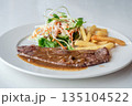 Close up of Grilled beef steak, boiled french fries and vegetable salad;Selective focus 135104522