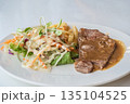 Close up of Grilled beef steak, boiled french fries and vegetable salad;Selective focus 135104525