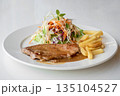 Close up of Grilled pork steak, boiled french fries and vegetable salad;Selective focus 135104527