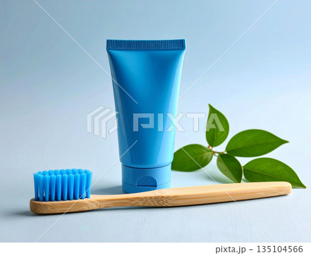 Mockup for branding healthy product. Minimalistic bamboo toothbrush with a tube of natural toothpaste on a white background. Health care. Oral hygiene. 135104566