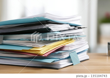 Financial documents stacked on a modern office desk with a focus on organization and analysis 135104743