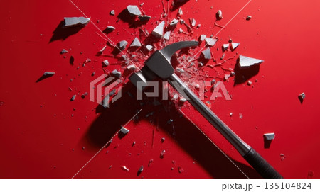 Hammer striking metal debris on a bright red surface during a construction activity 135104824