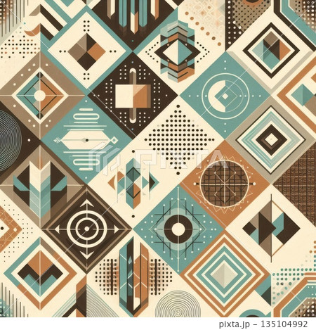 Atomic age inspired repeating pattern with boomerangs and starbursts, stylish and seamless for modern design. 135104992