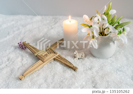 Wiccan altar for Imbolc sabbath, pagan holiday ritual. symbol of Imbolc holiday, spring equinox. Wiccan altar for Imbolc sabbath, pagan holiday ritual. symbol of Imbolc holiday, spring equinox. 135105262