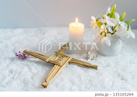 Wiccan altar for Imbolc sabbath, pagan holiday ritual. symbol of Imbolc holiday, spring equinox. Wiccan altar for Imbolc sabbath, pagan holiday ritual. symbol of Imbolc holiday, spring equinox. 135105264