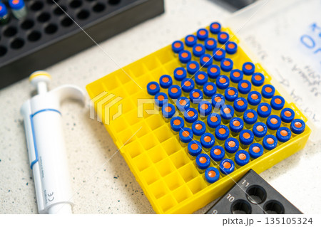 HPLC vials in the box ready for analysis. 135105324